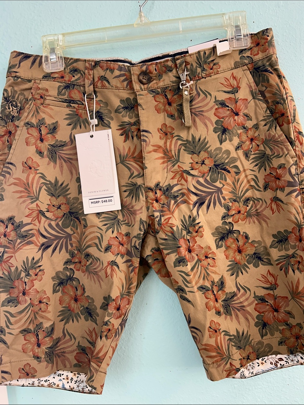 Denim & Flower Floral Print Tan Cotton Shorts
